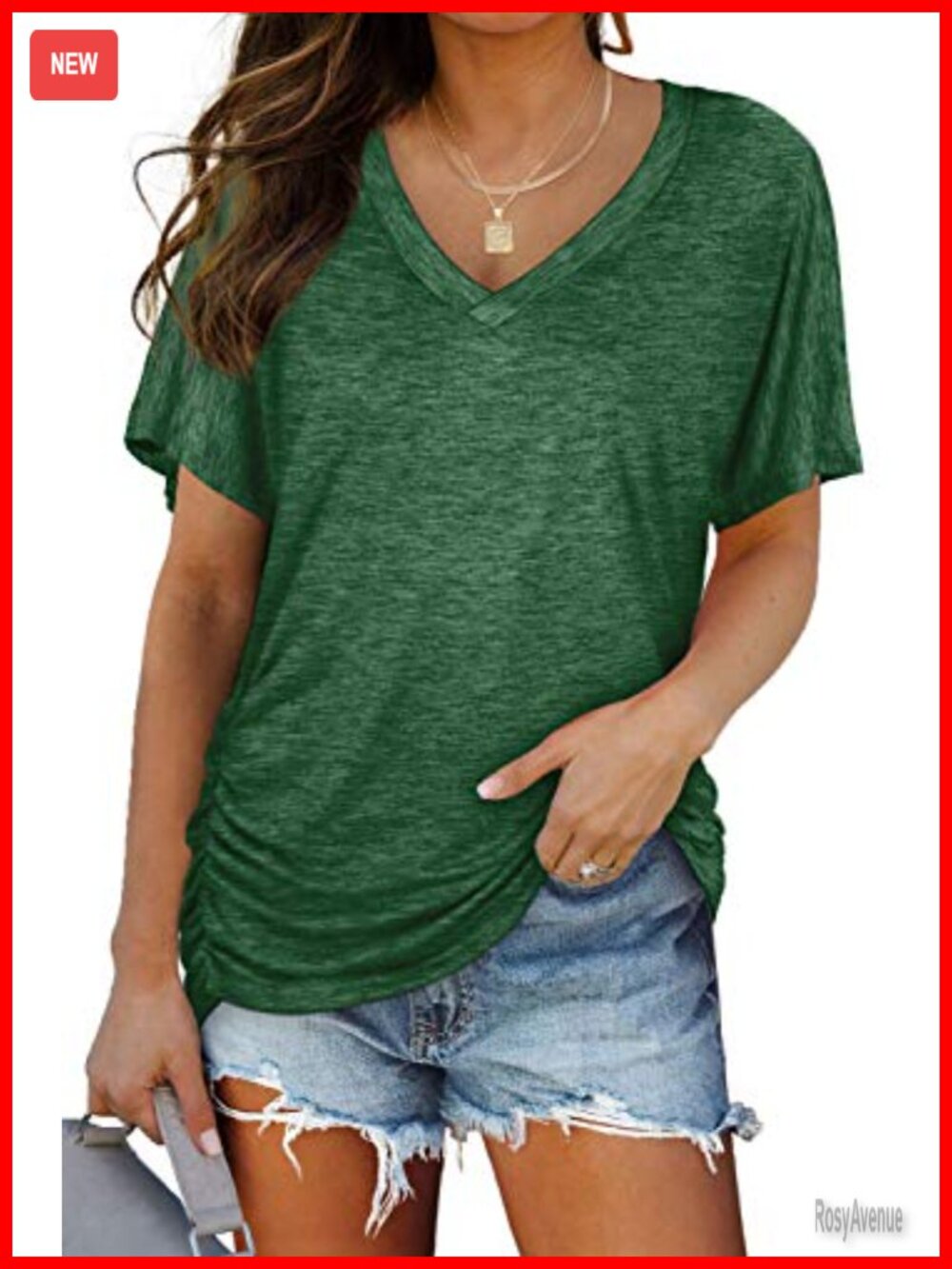 Womens Short Sleeve V Neck Dolman Tunic Top Loose Fit Side Shirring